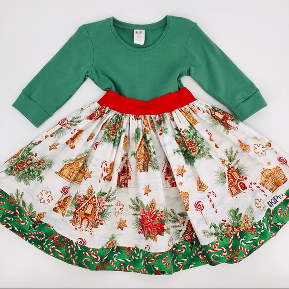 KPea Original Gingerbread Print Green Holiday Christmas Dress Cotton NEW - Picture 2 of 10